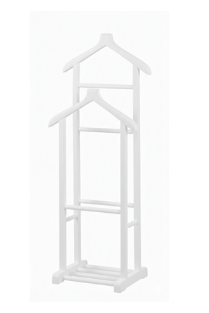 Stone Çift Tepeli Dilsiz Uşak Beyaz – Masif Kayın Ağacı Lake Boya Modern Elbise Askılığı & Şık Ceket Pantolon Standı (130x50x34 cm)