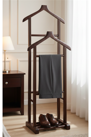 Stone Çift Tepeli Dilsiz Uşak Ceviz – Masif Kayın Ağacı Klasik Elbise Askılığı & Zamansız Ahşap Ceket Pantolon Standı (130x50x34 cm)