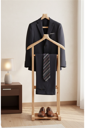 Stone Çift Tepeli Dilsiz Uşak Natural Ahşap – Masif Kayın Ağacı Doğal Elbise Askılığı & Modern Ahşap Ceket Pantolon Standı (130x50x34 cm)