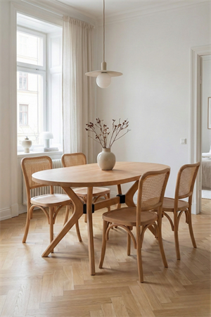 Woodenbend West Naturel Ahşap 4 adet Hasır Detay Sandalyeli Oval Mutfak Masa Takımı 80x130 – Bohem İskandinav