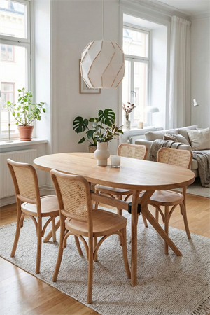 Woodenbend West Naturel Ahşap 4 adet Hasır Detay Sandalyeli Oval Mutfak Masa Takımı 80x130 – Bohem İskandinav