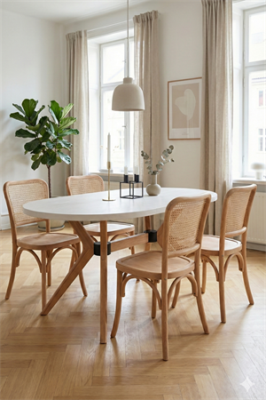 West Naturel-Beyaz Ahşap 4 adet Hasır Detay Sandalyeli Oval Mutfak Masa Takımı 80x130 – Bohem İskandinav