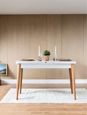 Woodenbend Andre Dikdörtgen Beyaz Natural 70x127 cm Ahşap Açılır Yemek Masası Takımı – Döşemeli Sandalyeli 4 Kişilik Masa Seti