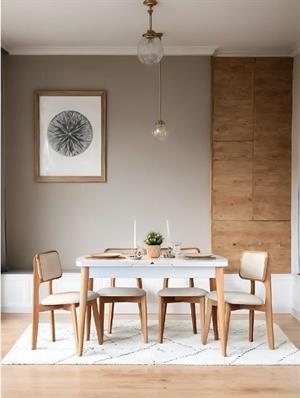 Woodenbend Andre Dikdörtgen Beyaz Natural 70x127 cm Ahşap Açılır Yemek Masası Takımı – Döşemeli Sandalyeli 4 Kişilik Masa Seti