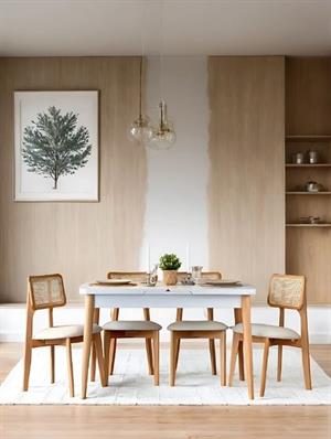 Woodenbend Andre Dikdörtgen Beyaz Natural 70x127 cm Ahşap Açılır Yemek Masası Takımı – Hazeranlı Sandalyeli 4 Kişilik Masa Seti