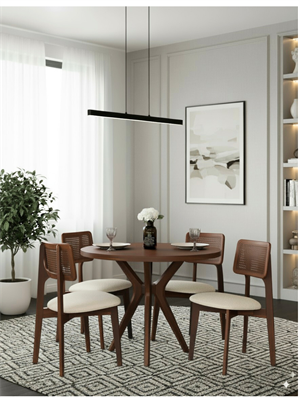 Woodenbend Arlen Ceviz Yuvarlak Masa Takımı 100 cm – 4 Mirla Hazeranlı Kayın Sandalyeli Yemek Masası