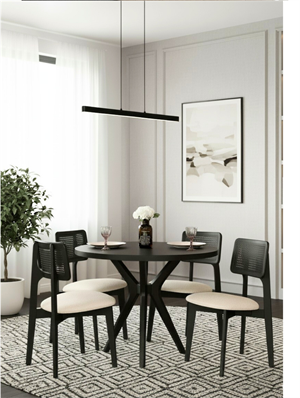 Woodenbend Arlen Siyah Yuvarlak Masa Takımı 100 cm – 4 Hazeranlı Kayın Sandalyeli Bohem İskandinav Yemek Masası