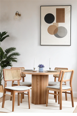 Woodenbend Bernando Yuvarlak Natural 100 cm Ahşap Yemek Masası Takımı – Hazeran Sandalyeli 4 Kişilik Masa Seti