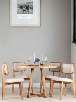 Woodenbend Giza Yuvarlak Natural 100 cm Ahşap Yemek Masası Takımı – Hazeran Sandalyeli 4 Kişilik Masa Seti