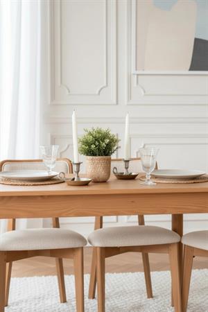 Woodenbend Bohem Dikdörtgen Natural 80x120 cm Ahşap Yemek Masası Takımı – Döşemeli Sandalyeli 4 Kişilik Masa Seti