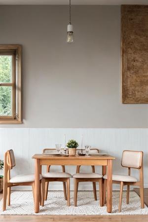 Woodenbend Bohem Dikdörtgen Natural 80x120 cm Ahşap Yemek Masası Takımı – Döşemeli Sandalyeli 4 Kişilik Masa Seti