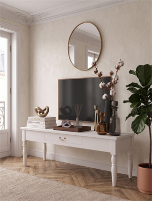 Woodenbend Marine Beyaz TV Sehpası | 160 cm Ahşap Ayaklı Klasik Country TV Ünitesi