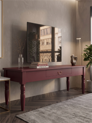 Woodenbend Marine Bordo TV Sehpası | 160 cm Klasik Country Tarz Lake Boyalı Torna Ayaklı TV Ünitesi
