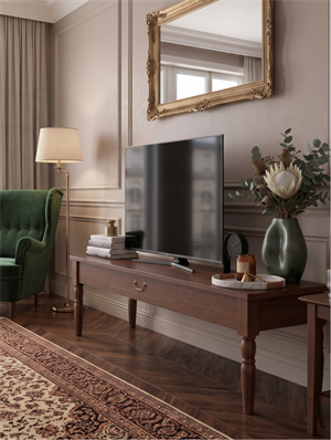 Woodenbend Marine Ceviz TV Sehpası | 160 cm Kayın Torna Ayaklı Klasik Country Ahşap TV Ünitesi