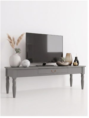 Woodenbend Marine Gri TV Sehpası | 160 cm Klasik Country Tarz Lake Boyalı Torna Ayaklı TV Ünitesi