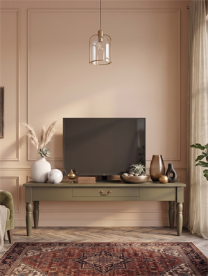 Woodenbend Marine Haki TV Sehpası | 160 cm Klasik Country Tarz Lake Boyalı Torna Ayaklı TV Ünitesi