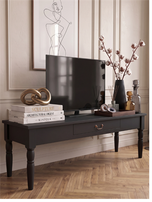 Woodenbend Marine Siyah TV Sehpası | 160 cm Klasik Country Tarz Lake Boyalı Torna Ayaklı TV Ünitesi