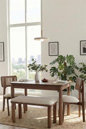 Woodenbend Elena Ceviz Ahşap Açılır Mutfak Masa Takımı 80x120 cm – Bench + 2 Hazeranlı Sandalyeli Vintage Masa Takımı