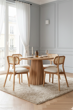 Woodenbend Elle Yuvarlak Natural 100 cm Ahşap Yemek Masası Takımı – Hazeran Sandalyeli 4 Kişilik Masa Seti