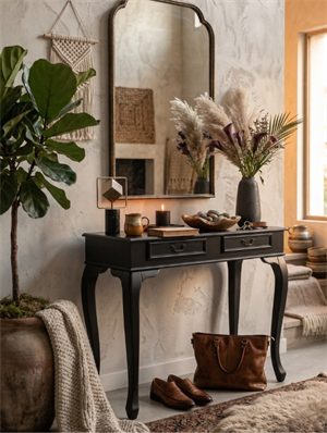 Panama Siyah Mat Lake Dresuar 100x39x80 cm | 2 Çekmeceli Klasik Moder Antik Detaylı Dresuar