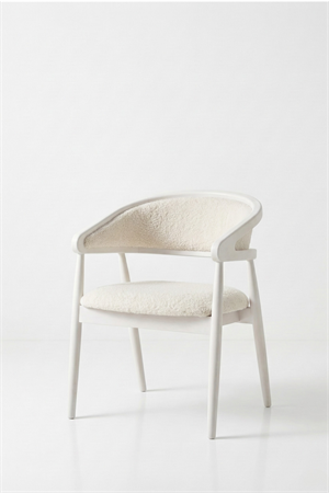 Woodenbend Florida Beyaz Kolçaklı Sandalye | Kayın Ahşap İskelet, Teddy Kumaş Döşemeli Modern İskandinav & Bohem Yemek Masası Sandalyesi