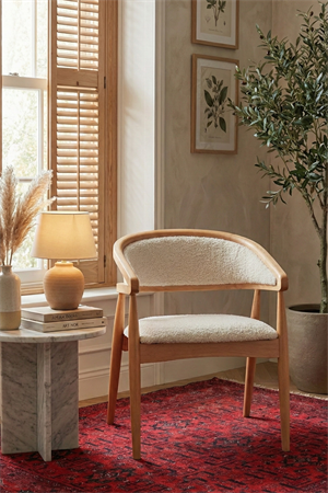 Woodenbend Florida Natural Kolçaklı Sandalye | Doğal Kayın Ahşap İskeletli Teddy Kumaş Döşemeli Modern İskandinav & Bohem Yemek Masası Sandalyesi