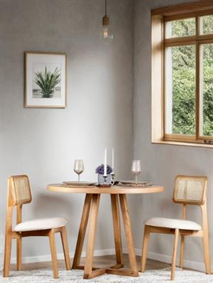 Woodenbend Giza Yuvarlak Natural 100 cm Ahşap Yemek Masası Takımı – Hazeran Sandalyeli 2 Kişilik Masa Seti