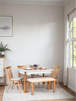 Woodenbend Kolin Natural Beyaz Açılır Masa Takımı 70x127 cm – 4 Sandalye Ve Bench Ahşap Yemek Masası Seti