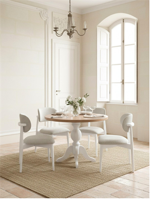 Woodenbend Kraunt Natural Yuvarlak Ahşap Masa Takımı 100x100 cm – 4 Beyaz Sandalyeli Modern İskandinav