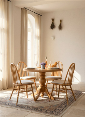 Woodenbend Laura Natural Ahşap Masa Sandalye Takımı 100x100 cm – Yuvarlak Masa, 4 Sandalye