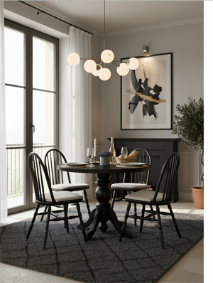 Woodenbend Laura Siyah Lake Yuvarlak Ahşap Masa Takımı 100x100 cm – 4 Sandalyeli Modern İskandinav