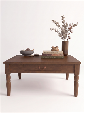 Woodenbend Marine Ceviz Orta Sehpa | 80x80 cm Klasik Country Kayın Torna Ayaklı Çekmeceli Ahşap Sehpa