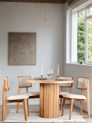 Woodenbend Mirla Yuvarlak Natural 100 cm Ahşap Yemek Masası Takımı – Döşemeli Sandalyeli 4 Kişilik Masa Seti