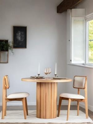 Woodenbend Mirla Yuvarlak Natural 100 cm Ahşap Yemek Masası Takımı – Döşemeli Sandalyeli 2 Kişilik Masa Seti