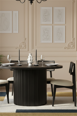 Woodenbend Mirla 80x130 Oval Mat Siyah Ahşap Yemek Masası Takımı – 4-6 Kişilik Hazeran Sandalyeli Modern ve Minimal Masa Seti