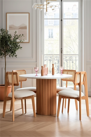 Woodenbend Mirla Yuvarlak Natural Beyaz 100 cm Ahşap Yemek Masası Takımı – Hazeran Sandalyeli 4 Kişilik Masa Seti