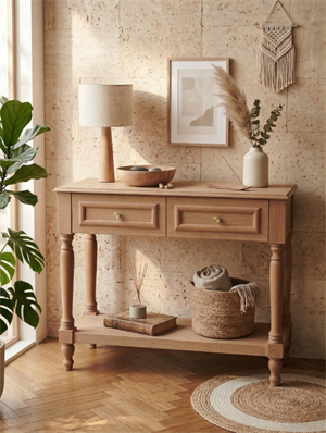 Woodenbend Nirvana Natural Ahşap Dresuar 110 cm | Kayın Kaplama Torna Ayaklı 2 Çekmeceli Modern Country Antre Konsolu