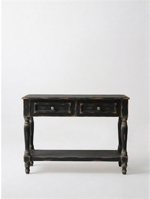 Woodenbend Nirvana Antik Siyah Eskitme Dresuar 110 cm | 2 Çekmeceli Torna Ayaklı Country Vintage Antre Konsolu