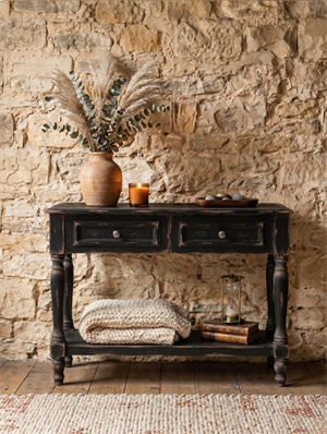 Woodenbend Nirvana Antik Siyah Eskitme Dresuar 110 cm | 2 Çekmeceli Torna Ayaklı Country Vintage Antre Konsolu