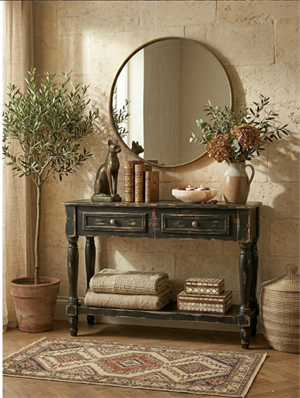 Woodenbend Nirvana Antik Siyah Eskitme Dresuar 110 cm | 2 Çekmeceli Torna Ayaklı Country Vintage Antre Konsolu