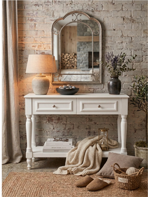 Woodenbend Nirvana Mat Lake Beyaz Dresuar 110 cm | 2 Çekmeceli Torna Ayaklı Modern Country Şık Antre Konsolu