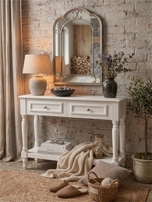 Woodenbend Nirvana Mat Lake Beyaz Dresuar 110 cm | 2 Çekmeceli Torna Ayaklı Modern Country Şık Antre Konsolu