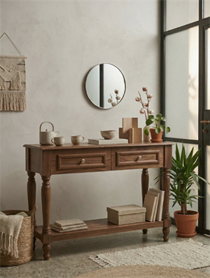 Woodenbend Nirvana Ceviz Renk Dresuar 110 cm | 2 Çekmeceli Torna Ayaklı Vintage Country Şık Antre Konsolu