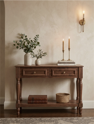 Woodenbend Nirvana Ceviz Renk Dresuar 110 cm | 2 Çekmeceli Torna Ayaklı Vintage Country Şık Antre Konsolu