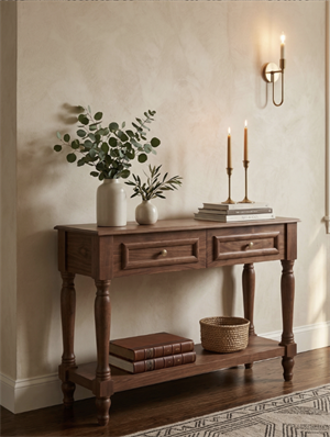 Woodenbend Nirvana Ceviz Renk Dresuar 110 cm | 2 Çekmeceli Torna Ayaklı Vintage Country Şık Antre Konsolu