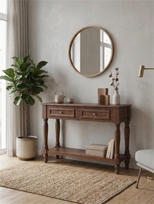 Woodenbend Nirvana Ceviz Renk Dresuar 110 cm | 2 Çekmeceli Torna Ayaklı Vintage Country Şık Antre Konsolu