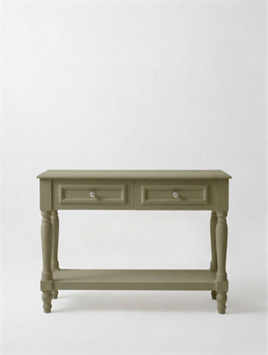 Woodenbend Nirvana Haki Yeşil Eskitme Dresuar 110 cm | Torna Ayaklı 2 Çekmeceli Vintage Country Antre Konsolu