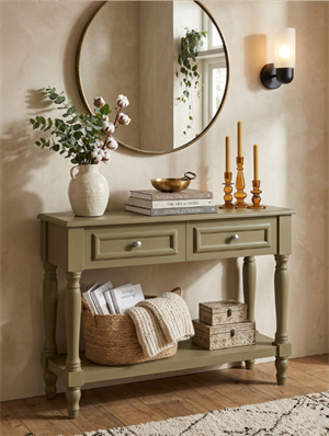 Woodenbend Nirvana Haki Yeşil Eskitme Dresuar 110 cm | Torna Ayaklı 2 Çekmeceli Vintage Country Antre Konsolu