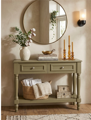 Woodenbend Nirvana Haki Yeşil Eskitme Dresuar 110 cm | Torna Ayaklı 2 Çekmeceli Vintage Country Antre Konsolu