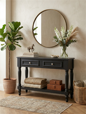 Woodenbend Nirvana Mat Lake Siyah Dresuar 110 cm | Modern 2 Çekmeceli Torna Ayaklı Şık Antre Konsolu